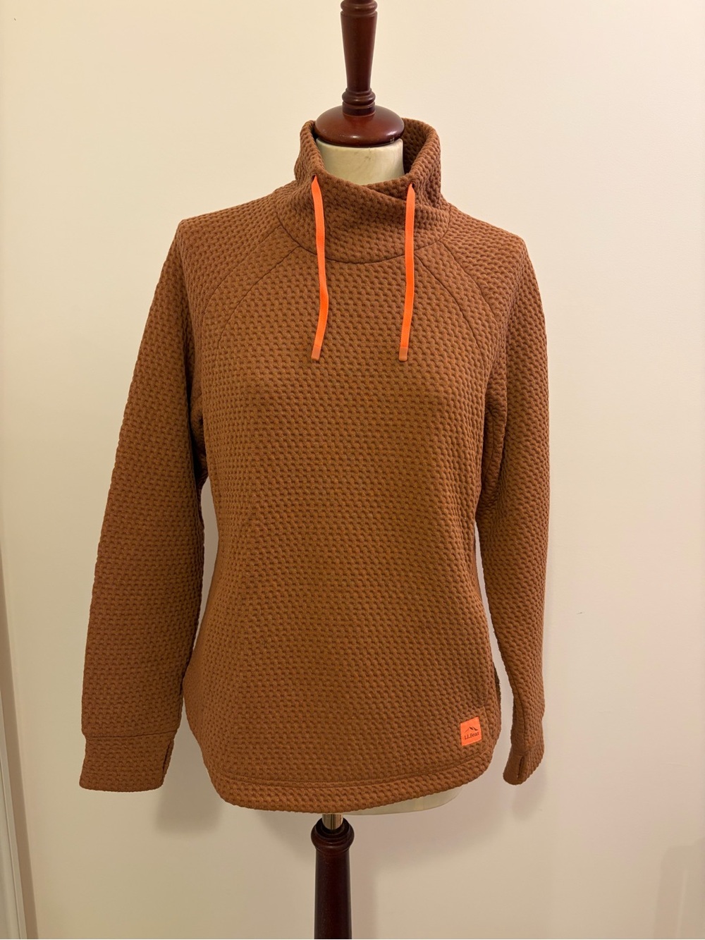 L.L. Bean Women's Waffle-Knit Funnel Neck Sweater in Rust with Orange Drawcords